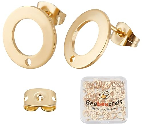 Beebeecraft 1 Box Mit 50 runden, Flachen Ohrringen, 24 Karat Vergoldeter Edelstahl, Donut-Ohrstecker Mit Ösenloch Und Ohrmuttern Für Damen-Ohrringherstellungszubehör
