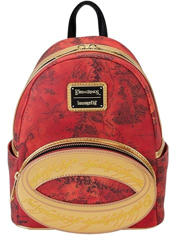 Loungefly WB Herr der Ringe The One Ring Mini-Rucksack, rote Karte von Mittelerde, modische Tasche für Erwachsene, Gold, Rot, Standard, Gold, Rot, Standard