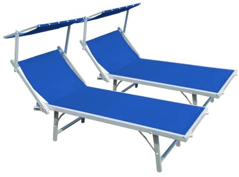 buybuy Lettini Mare Stabilimento Pieghevoli Professionali In Alluminio Con Tetto Parasole E Rivestimento In Textilene Blu Spiaggia Piscina E Giardino Set Da 2 (Telaio Argentato Textilene Blu)