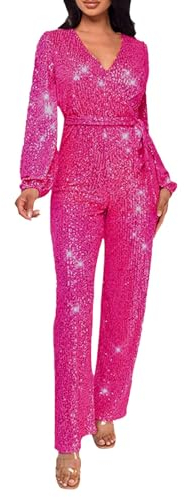 Generic Damen Jumpsuit Glitzer Elegant Langarm V-Ausschnitt Lang Overall Pailletten Hosenanzug Playsuit mit Gürtel Romper