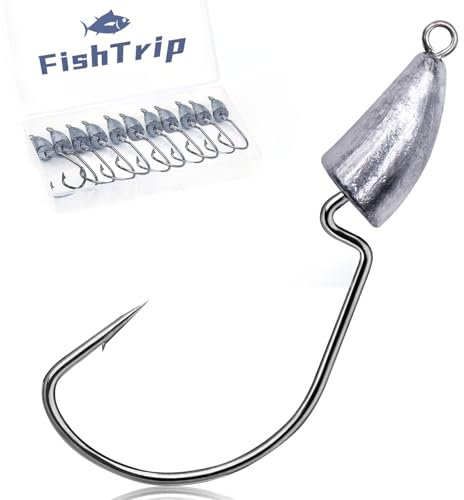 FishTrip Bullet Jigkopf gewichtete Haken, Texas Rigs EWG Haken für Barschangeln, Salzwasser, 10 Stück