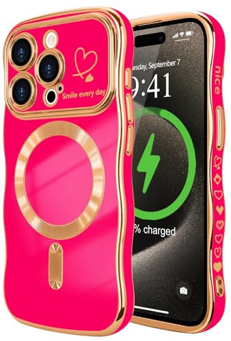 LCHULLE for iPhone 15 Pro Max Case for Women Girls [Compatible with MagSafe] Cute Curly Wave Shape, Magnetic Love Heart Pattern with Camera Lens Cover Luxury Plating Shockproof Phone Case,Hot Pink
