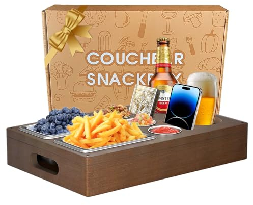 Couchbar Snackbox, Rechteckig Couch Bar Snackbar mit 2 Edelstahl-Snackschalen, 3 Dipschalen und 2 Getränkehaltern Sofa Organizer, Holz Snackbar Couch Butler für Männer Camping Sofa Wohnzimmer Deko