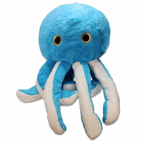 BEMIRO Octopus Kuscheltier XXL - 130 cm Groß (Tentakeln Gestreckt), 60 cm Sitzend, Gelbe Glitzer Augen, Gestickter Mund, Mit Schlaufe, 4 Farben: Gelb, Rosa, Lila und Blau (blau)