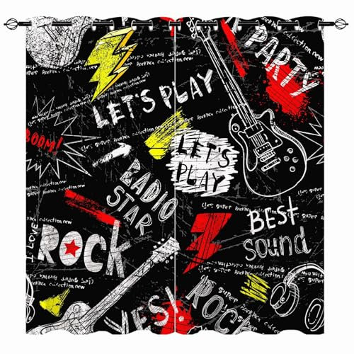 YUANZU Music Curtains - Abstract Guitar Headphones Spray Paint Words Rock Star Print Pattern Eyelet Blackout Thermal & Room Darkening Window Drapes for Bedroom Living Room 2 Panels W132cm x D213cm
