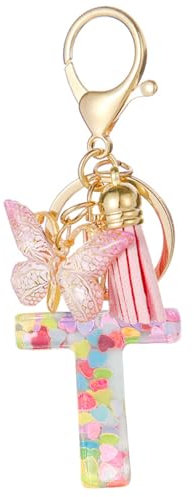 Moydolo Porte-clé lettres avec boucles pour femmes, Porte-clé esthétique avec pompons papillon keychian lettres rose breloque