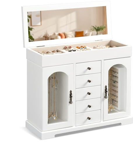 Emfogoo Boîte à Bijoux Femme, Rustique Grande Boite a Bijoux Bois avec Miroir, 6 couches Boite Rangement Bijoux Organisateur pour Colliers, Boucles D'oreilles, Bagues, Bracelets (Weathered White)