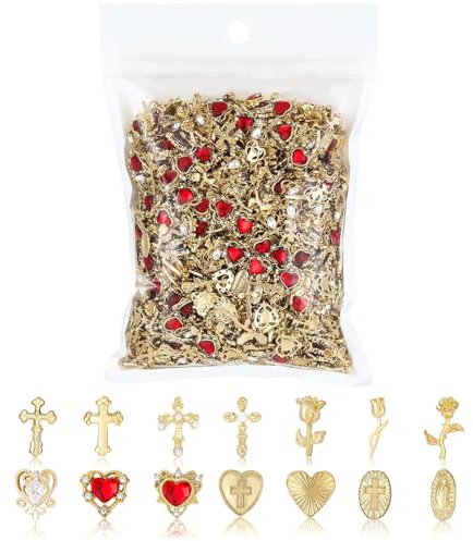 TELAIN 128-piece Nail Charms Set, Golden 3D Nail Art Charms With Hearts, Crosses, Roses And Virgin Mary For Creative Nail Designs