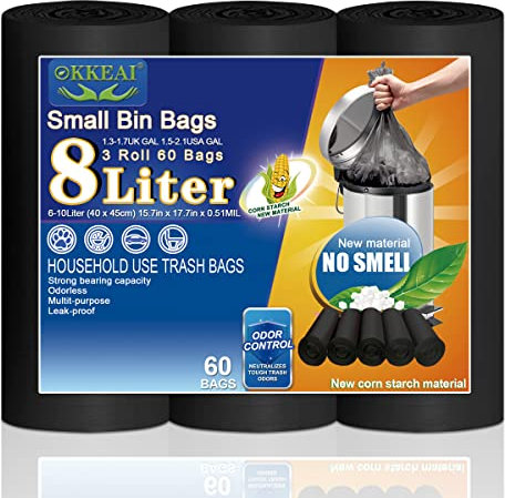 OKKEAI Lot de 60 sacs poubelle noirs de 8 l - Convient pour salle de bain, toilettes - 3 l, 4 l, 5 l, 6 l