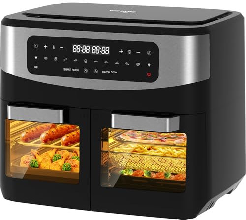 Iceagle Friggitrice ad aria calda 2 camere Airfryer 12 l – 2600 W XXL con finestra | friggitrice senza olio con display digitale, 10 programmi, nero