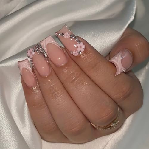 Pink French Tip False Nails Medium Long Square, SXVME Floral Press on Nails Long with Rhinestone Design Nude Fake Nails Coffin Natural Glue on Nails Acrylic Stick on Nails for Women Nail Art