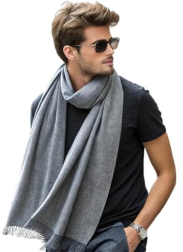 Herren Kaschmir Schal dünn Herbst Winter 185x65 geschmeidig Kaschmirschal grau elegant stilvoll Style Wolle Uni Farbe Herrenschal (Grau)