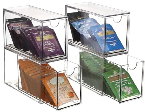 SUMNACON 4 Pack Acrylic Tea Bag Drawer Organizer, Clear Stackable Coffee Capsules Container Countertop Drawer Design Tea Packet Storage Holder Kitchen Spice Packet Storage Organizer (No Tea Bag)