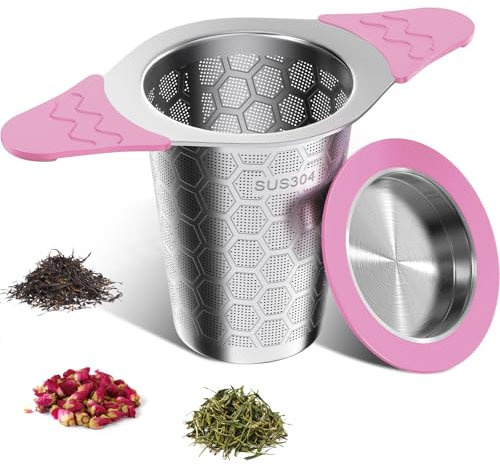 Tea Strainer for Loose Tea, 304 Stainless Steel Tea Infuser with Lid & Double Silicone Handles, Tea Filter Fine Mesh, Teapots, Cups, Tea Diffusers for Loose Tea - Pink