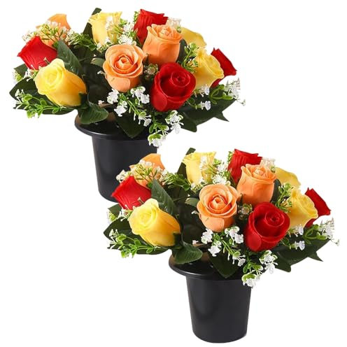 Lotvic 2 Pack Artificial Grave Flower Pots, 10 Inch 12 Rose Heads Grave Flower Pots, 12 Rose Headed Grave Flowers Artificial Flowers for Graveyard Memorial Christmas (Yellow)