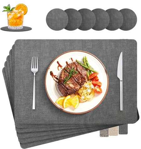 Tischsets Abwaschbar, 6er Set Leinenimitat Lederoptik Platzset und Untersetzer, Hitzebeständig Doppelseitigen, 30x43cm Tischuntersetzer rutschfest für Hause Küche Restaurant und Hotel(Schwarz)
