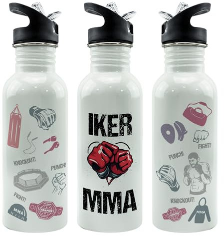 Garrafa agua. Botella personalizada. Botella agua. Cantimplora metálica. Water bottle. Regalos originales para hombre y mujer. Regalos para deportistas. Straw Stop 600ml. Boxeo. MMA