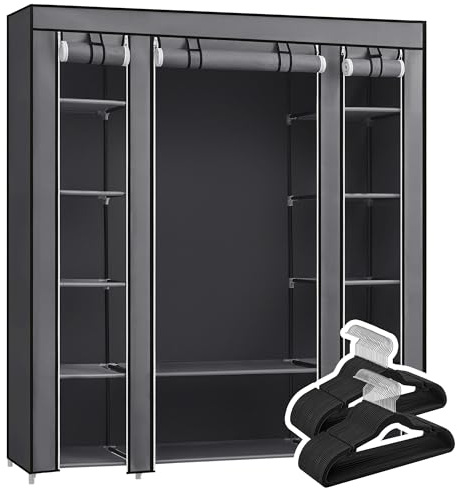 SONGMICS Kleiderschrank 50er Kleiderbügel Set, Stoffschrank mit Kleiderstange und Ablagen, Bügel Samt, rutschfest, Einkerbungen im Schulterbereich, grau und schwarz LSC003G01