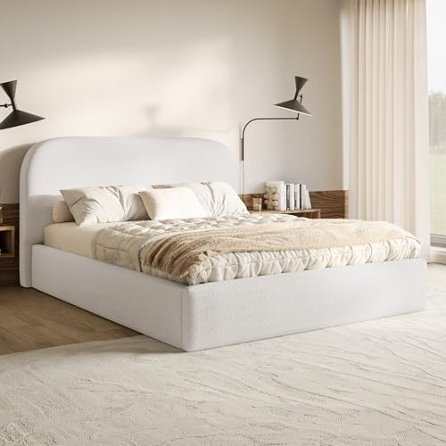 MOTIVENA Mono Bett 200x200 Weiß Boucle, mit Stauraum, mit Kopfteil, mit Lattenrost, ohne Füße, ohne Matratze, Polsterbett 200x200 mit Bettkasten Weiß (Milch)