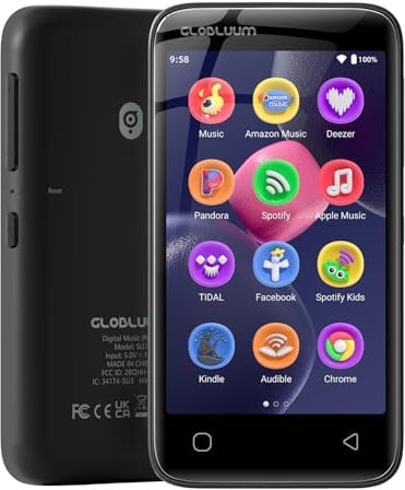 96GB MP3 Player with Bluetooth 5.0 and WiFi, Music Player with Spotify, Audible, Amazon Music, Pandora, Libby, Spotify Kids, 4 Touchscreen Android MP4 Player with HiFi Sound, FM Radio (Black)