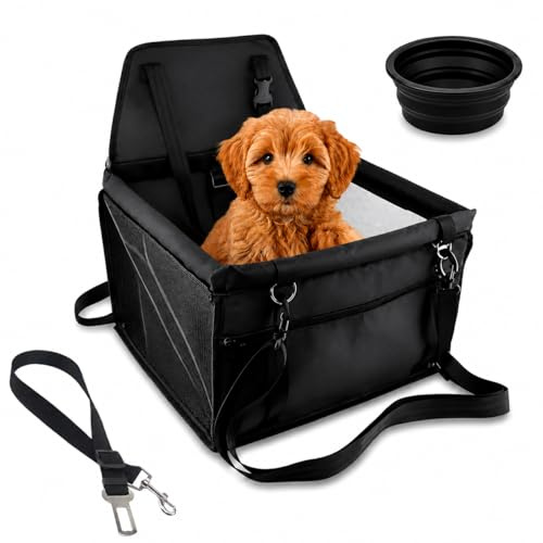Transportin Perros y Gatos de Coche | Base Rígida y Tejido Impermeable con Correas Ajustables |Viajes Comodos y Tranquilos | Incluye Cinturón de Seguridad y Bol de Viaje Plegable | 40x40x32 cm.