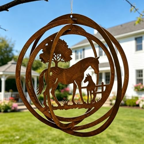WRQIOO Windspiel Garten Rostoptik, Windspiel Pferd Edelrost mit Fohlen, 3D Wind-Spiel aus Metall für Outdoor, Balkon, Geschenk für Pferdeliebhaber