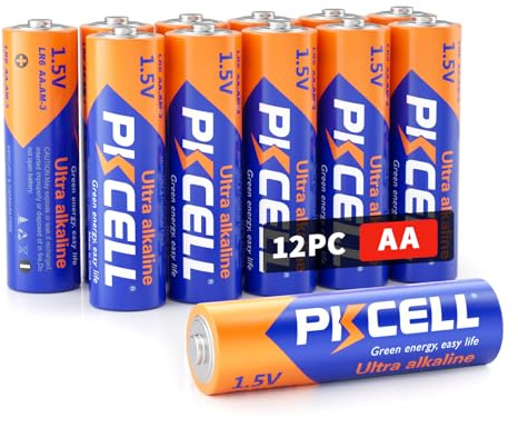 PKCELL AA Batteries 1.5V Alkaline, 12-Pack for Daily Devices | heavy-duty AA cells, 10-year shelf life. Ideal for remotes, clocks, toys, flashlights, keyboards, mice. single-use only.