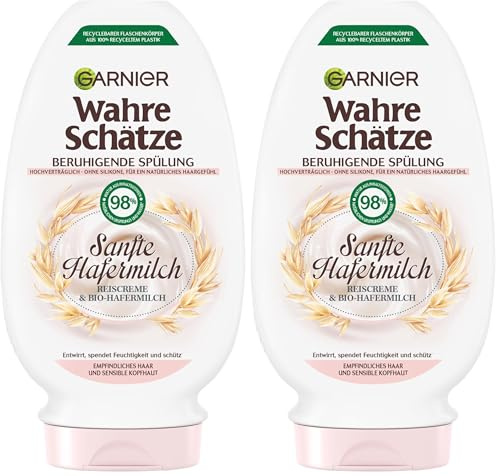 Garnier Wahre Schätze Beruhigende Spülung Sanfte Hafermilch, entwirrt und spendet Feuchtigkeit, für empfindliches Haar und sensible Kopfhaut, 200 ml (Packung mit 2)