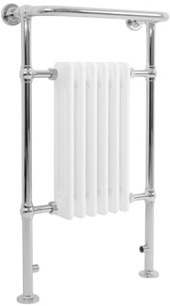 Traditional Bathroom Radiator 950mm x 570mm White Chrome Heated 4 Column Towel Rail Wall Floor Mounted Victorian Style Central Heating Warmer Carbon Steel FREE Cleaning Brush Fixing Kit & Brackets