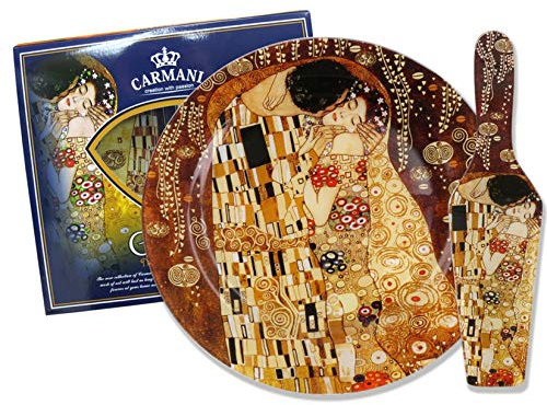CARMANI - Round verre Gâteau Set avec 'Le Baiser' de Gustav Klimt 27cm
