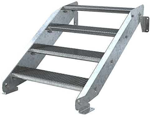 Außentreppe 4 Stufen 80 cm Laufbreite - ohne Geländer - Anstellhöhe variabel von 62 cm bis 84 cm - Gitterroststufe ST2 - feuerverzinkte Stahltreppe mit 800 mm Stufenlänge als montagefertiger Bausatz