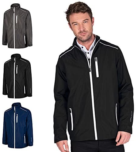 Island GREEN Essentials Mens Golf Full Zip Waterproof Jacket, Black/White, Medium