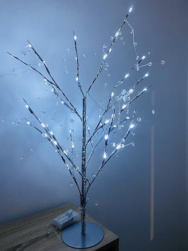 70cm Pre-Lit Jewelled Glitter Twig Tree Silver & Gold Christmas Decorations (Silver)