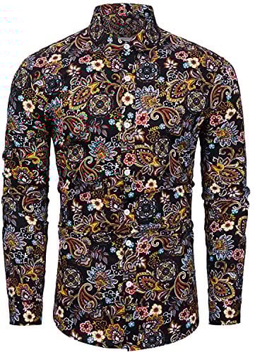 fohemr Mens Paisley Cotton Long Sleeve Shirt Floral Print Casual Retro Button Down Shirt Black Paisley Print Medium