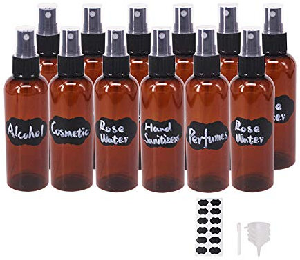 BPFY Paquete de 12 botellas de spray de niebla fina de 3.3 onzas, botellas de plástico ámbar para aceites esenciales, perfumes, alcohol, botella de viaje, recipientes recargables con embudos,