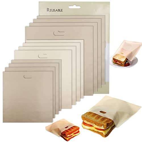 Tezam Lot de 12 sacs à grille-pain réutilisables pour sandwichs au fromage grillé | Les plus sûrs du marché – 100 % sans BPA et sans gluten | Sacs à toast antiadhésifs