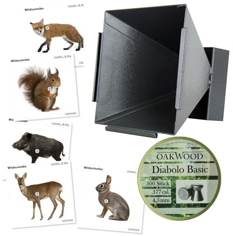 OAKWOOD Set 50 Zielscheiben 14x14cm + 500 Diabolos 4,5mm Spitzkopf oder Flachkopf nach Wahl mit Kugelfang Trichter für Luftgewehr und Luftpistole
