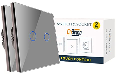 CNBINGO Smart Touch Light Switches, Works with Alexa and Google Assistant, Wi-Fi Switch, Flush-Mounted, with Glass Panel, Double Wall Switch - Grey, Neutral Conductor Required, Pack of 2