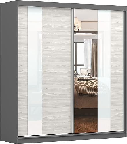Fabryka Mebli Idźczak Kleiderschrank mit Spiegel, Schiebetüren - Schwebetürenschrank, Schlafzimmerschrank - 61 x 203 x 218 cm - Schrank für Schlafzimmer, Ankleidezimmer, Garderobe - Grau, Creme