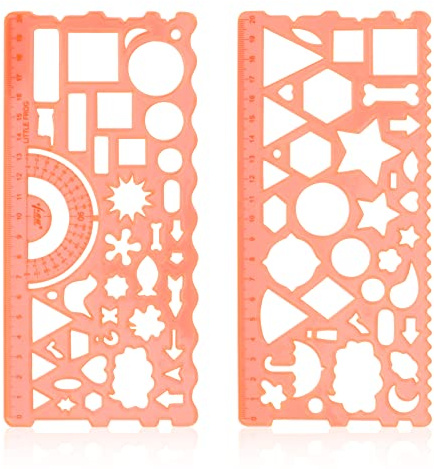2Stück Multifunktionales Geometrisches Lineal Kunststoff Zeichenlineal, Transparent Mehrzweckzeichnung Kinder Zeichnungsschablone Messwerkzeug Entwurfslineal für Büro Kunst Studio Schule, Orange