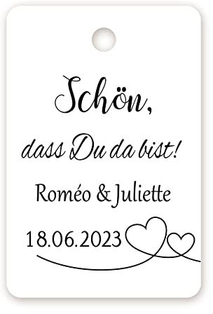 MameArt Geschenk Anhänger 50stk Hochzeit Personalisiert, Schön, DASS Du da bist Tags, Etiketten für Marmelade Selbstgemacht Taufe Kommunion Feste Geschenke Präsente (Herz 5), (T3DE0101)