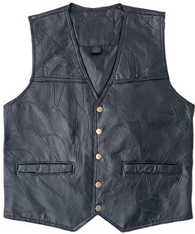 Herren Motorrad Lederweste Schaffell V-Ausschnitt Patchwork Weste, Schwarz , XXL