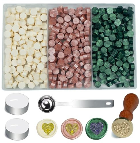 Wachs-Siegel-Perlen, Zifospy 3 Farben 420PCS Siegel-Wachs-Perlen mit 1PCS Herz Wachs-Siegel Stempel, 1PCS Wachs-Schmelz-Löffel und 2 Kerzen für Wachs-Siegel, Wachs-Siegel-Kit