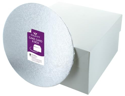 Culpitt 14 Round Silver Cake Card & White Box Combo, 3mm Turned Edge Board and For Sponge Cakes, Muffins, Cupcakes