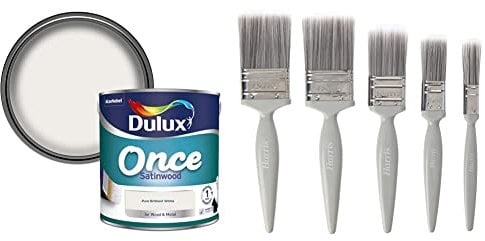 Dulux 5091096 Once Satinwood Paint For Wood And Metal - Pure Brilliant White 2.5L and Harris Essentials Walls & Ceilings Paint Brush Set | Pack of 5 | 0.5, 1, 1.5, 2