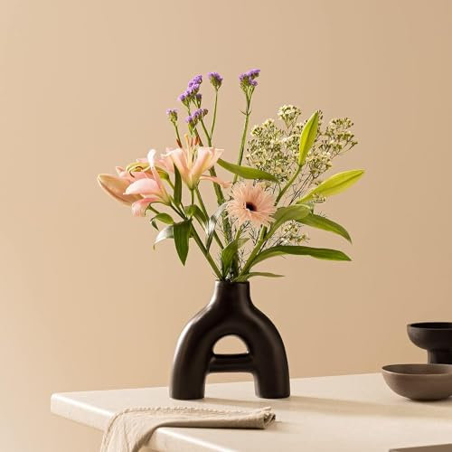 Navaris Deko Vase modern schwarz - Wohnzimmer Blumenvase - Pampasgras Donut Vase - für Fensterbank Sideboard Kommode - Trockenblumen Home Decor