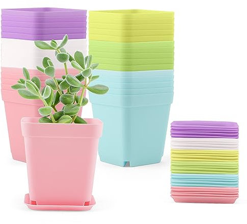 MUKCHAP 30 PCS Square Plastic Plant Pots, 7cm Colorful Flower Pots with Trays for Plant, Seedlings, Cuttings
