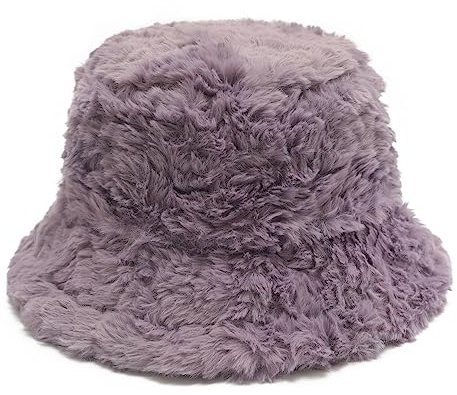 ZLYC Damen Winter Kunstpelz Fischerhut Stricken Bucket Hut(Pelziges Violett)
