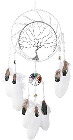 7 Chakren Baum des Lebens Traumfänger Wanddekoration mit Regenbogen Heilung Kristall Stein Handmade White Feather Dream Catcher Wand hängende Ornamente für Schlafzimmer Decor Segen Geschenk Hochzeit