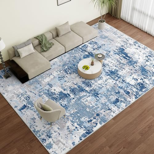 Vamcheer Machine Washable Rugs for Living Room - Modern Soft Faux Short Pile Area Rugs for Bedroom Dining Room Abstract Carpet for Office Non Slip Non Shedding Large Lake Blue, 200x300CM